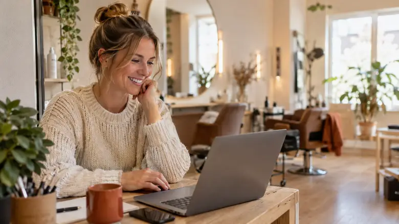 Salongsägare som får en ny bokning i sin laptop